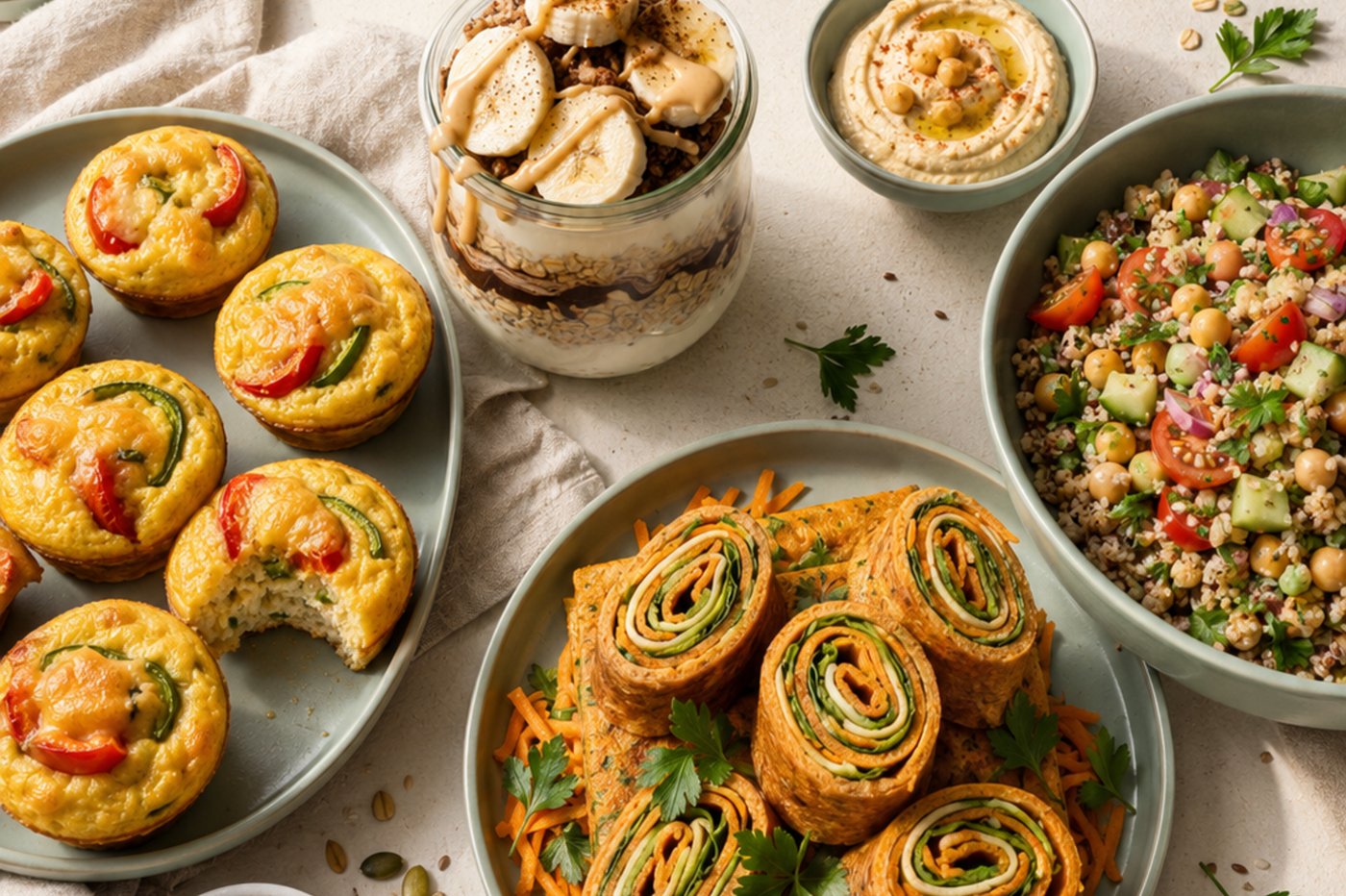 Pratik Tarifler e-kitabından sağlıklı tabaklar — sebzeli muffin, yulaf kavanozu, nohutlu salata