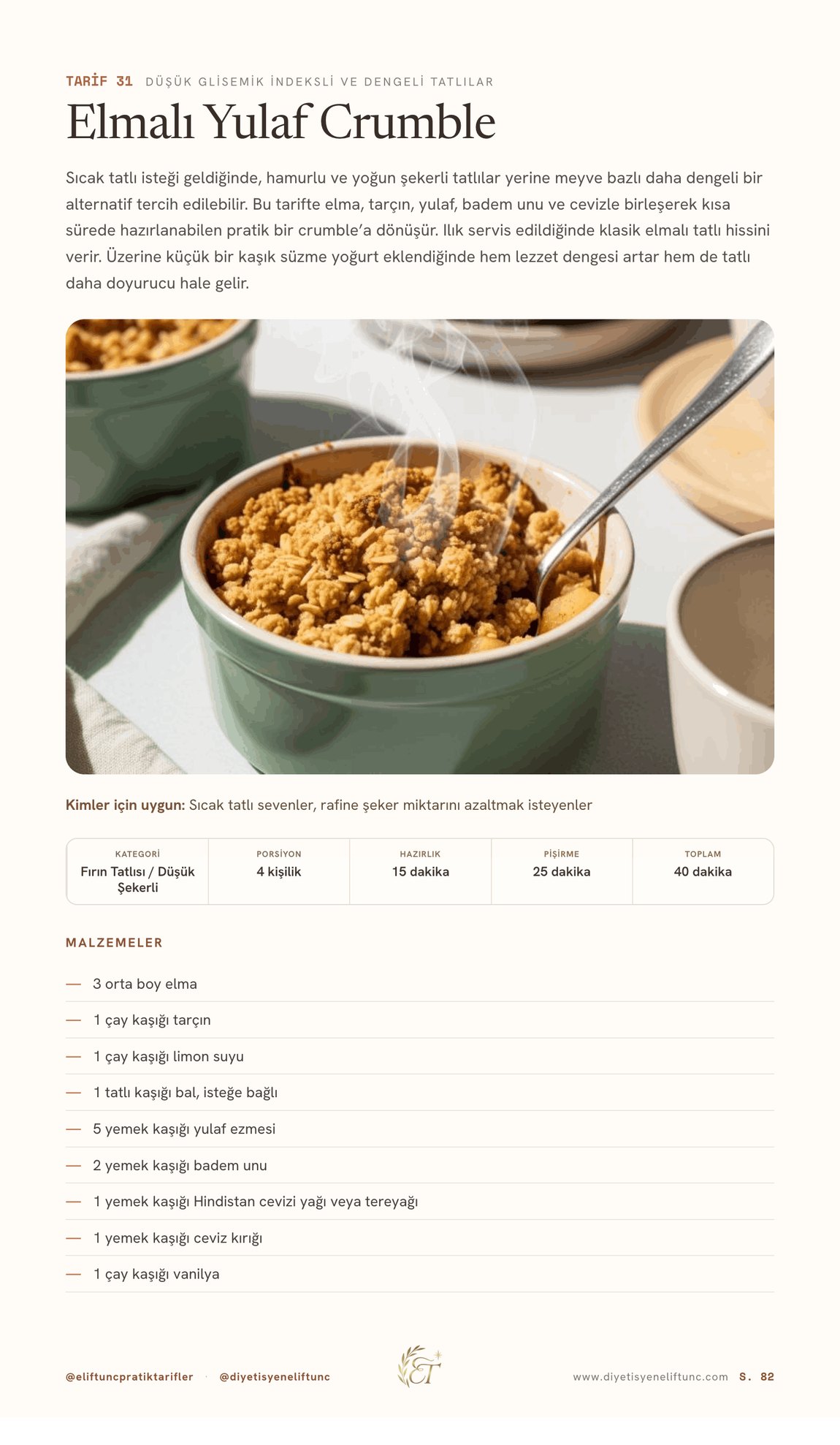 Pratik Tarifler iç sayfa — dengeli tatlılar, Elmalı Yulaf Crumble