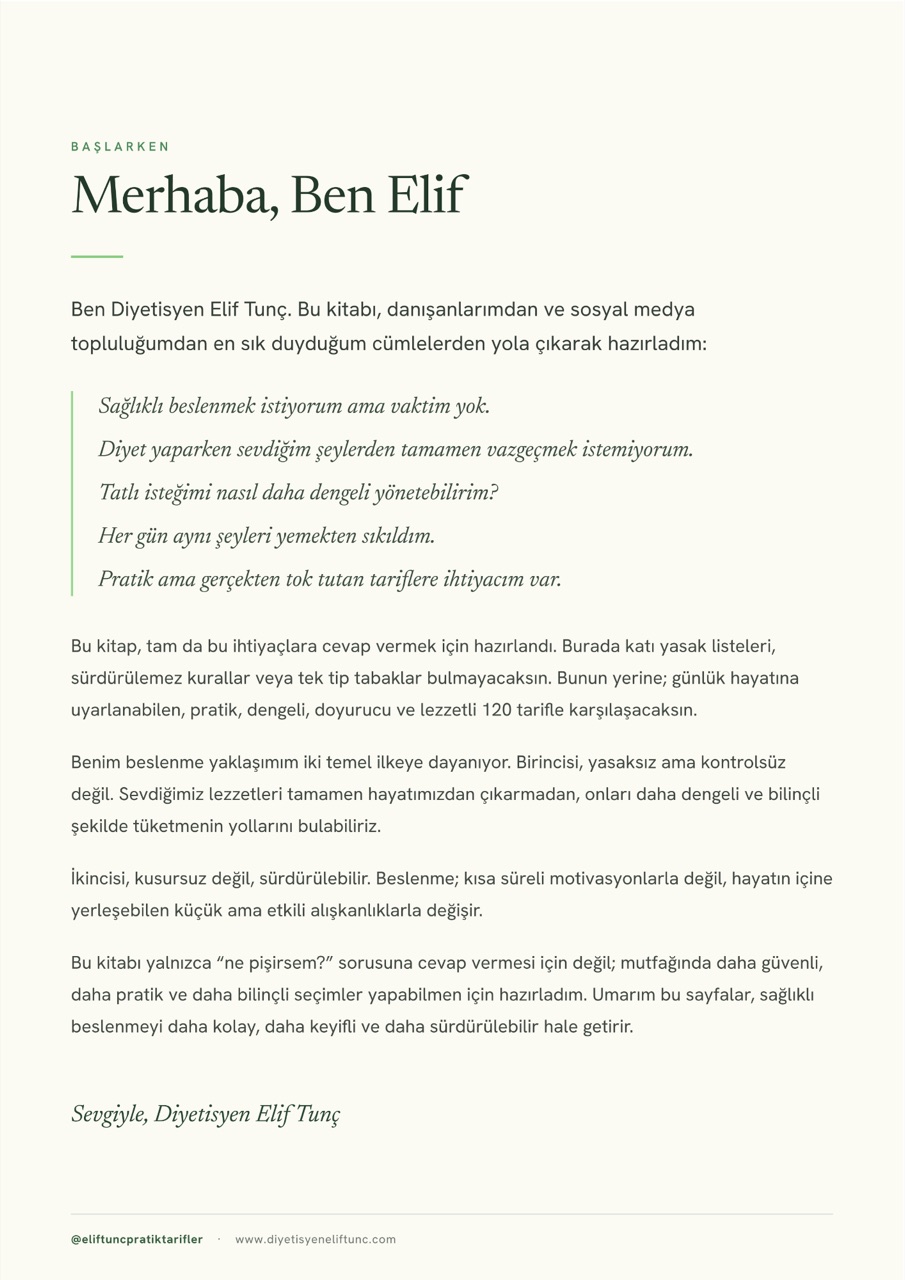 Dengeli Mutfak iç sayfa — Merhaba, Ben Elif (yazar önsözü)