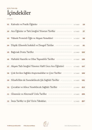 Pratik Tarifler iç sayfa — İçindekiler, 12 bölüm 280 sayfa