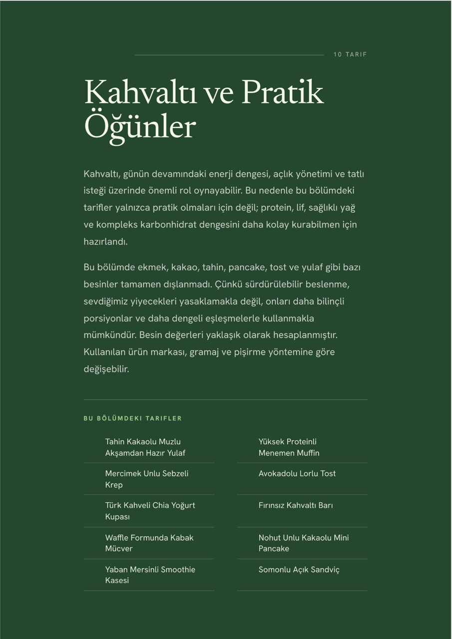 Dengeli Mutfak iç sayfa — bölüm girişi, Kahvaltı ve Pratik Öğünler