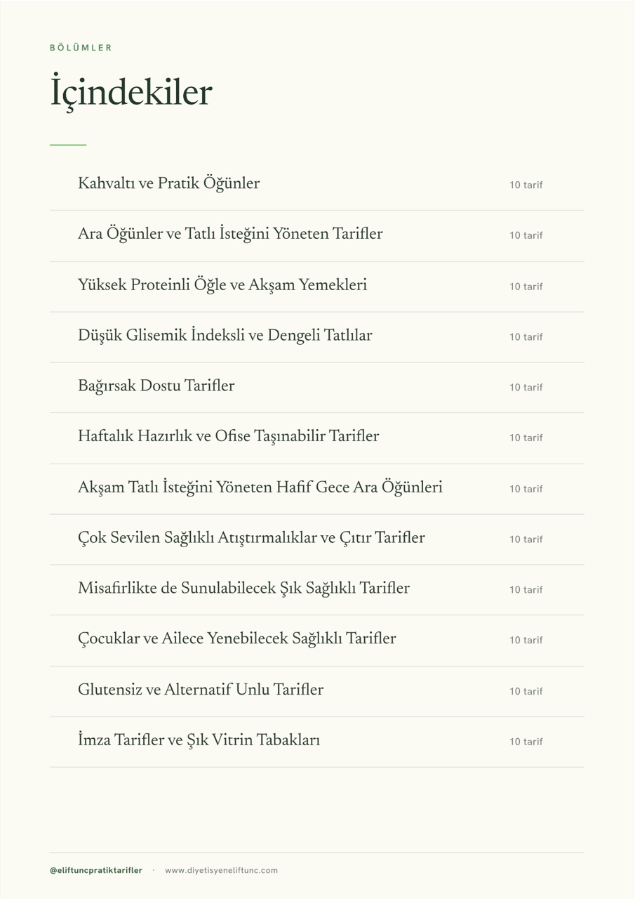 Dengeli Mutfak iç sayfa — İçindekiler, 12 bölüm