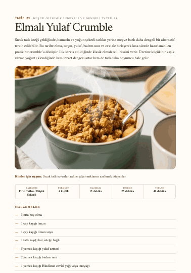 Pratik Tarifler iç sayfa — Elmalı Yulaf Crumble, dengeli tatlılar