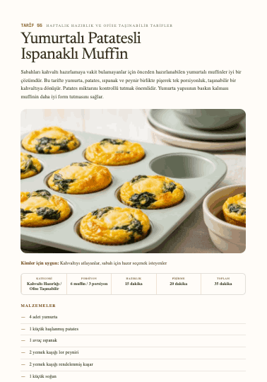 Pratik Tarifler iç sayfa — Yumurtalı Patatesli Ispanaklı Muffin, ofise taşınabilir
