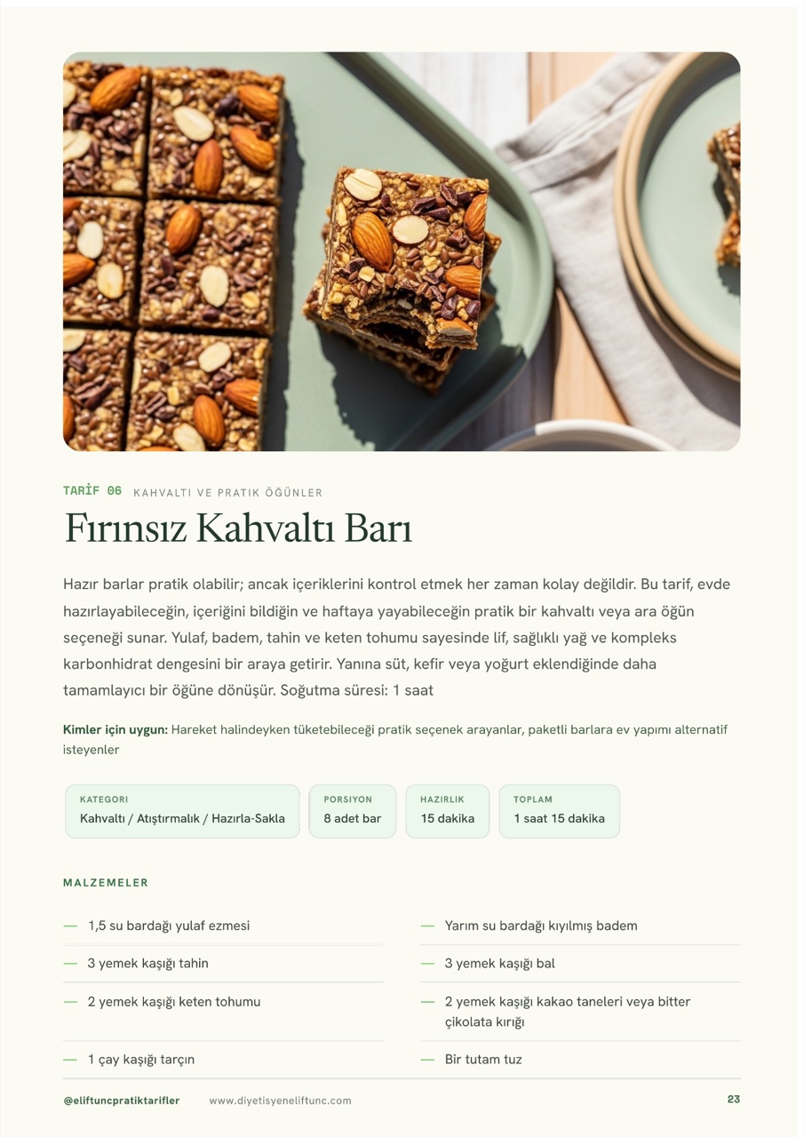 Kitaptan gerçek tarif sayfası — Fırınsız Kahvaltı Barı, yemek fotoğrafı ve malzemeler